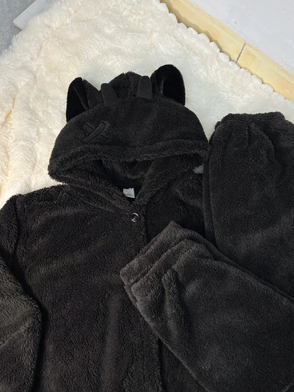 Couple's Black Coral Fleece Pajamas Thickened Fluffy Home Clothes Cartoon Pattern Unisex Long Sleeve Sleepwear for Autumn Winter