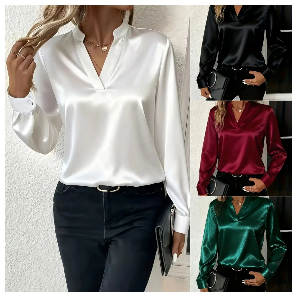 Elegant Long Sleeve V-Neck Silk-Like Top for Women, Perfect for Office & Evening Wear