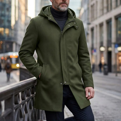 New Fall/Winter Men's Long Hooded Trench Coat | Solid Color Streetwear Style | Warm Zippered Jacket for Casual/Daily/Outoor Wear