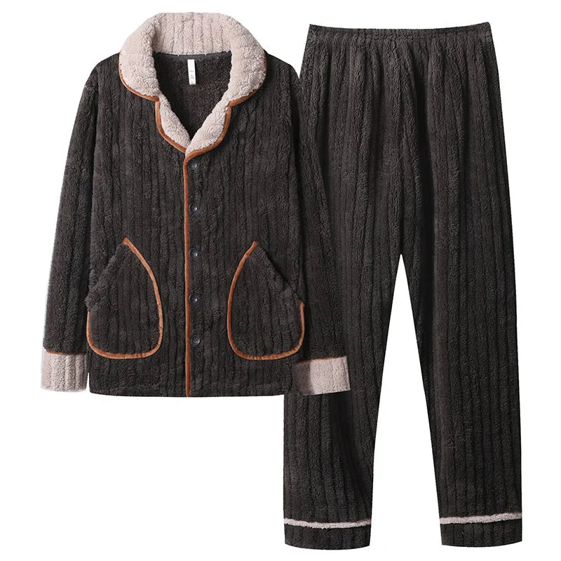 Can Wear Pajamas Men Autumn Winter Flannel Thick Stand Collar Zipper Coral Velvet Pajamas Pajama Pants  Set Men's Home Wear