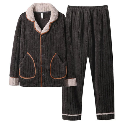 Can Wear Pajamas Men Autumn Winter Flannel Thick Stand Collar Zipper Coral Velvet Pajamas Pajama Pants  Set Men's Home Wear