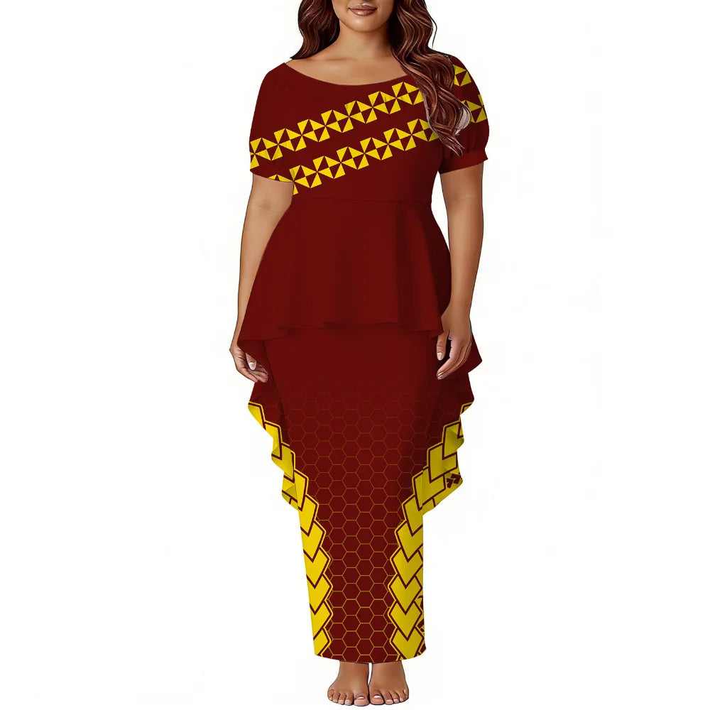 Polynesian Island-Style Women'S Short-Sleeved Puletasi Floral Print Dress Samoan Party Style Evening Dress