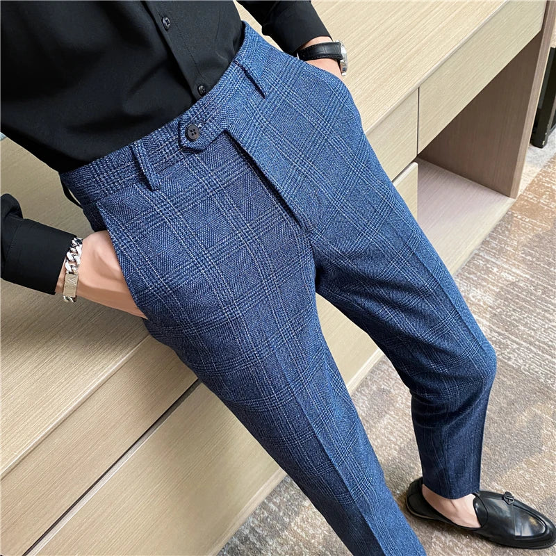 【 High Quality 】 Light Mature Style Spring and Autumn Checked Fashion Long Pants for Men, Trendy Business Casual Little Dress Pa