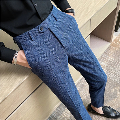 【 High Quality 】 Light Mature Style Spring and Autumn Checked Fashion Long Pants for Men, Trendy Business Casual Little Dress Pa