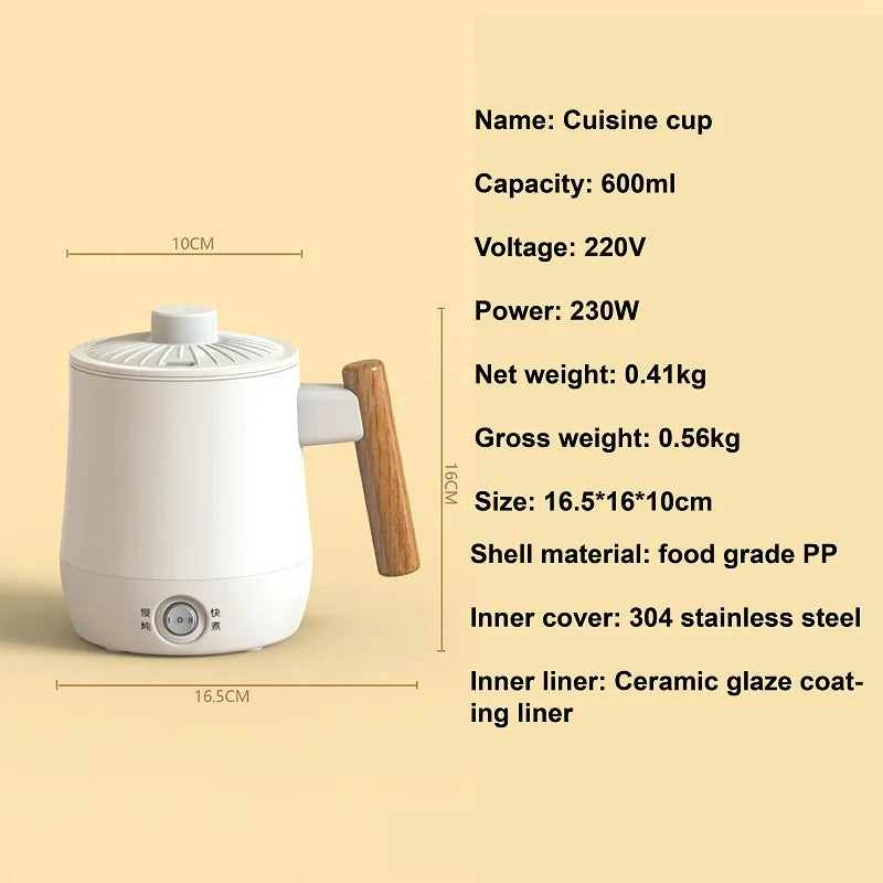 600ml Electric Cup Rice Cooker Health Kettle Hot Insulation Water Cup Non-stick Liner Pot Portable Noodle Cooking Pot 220V