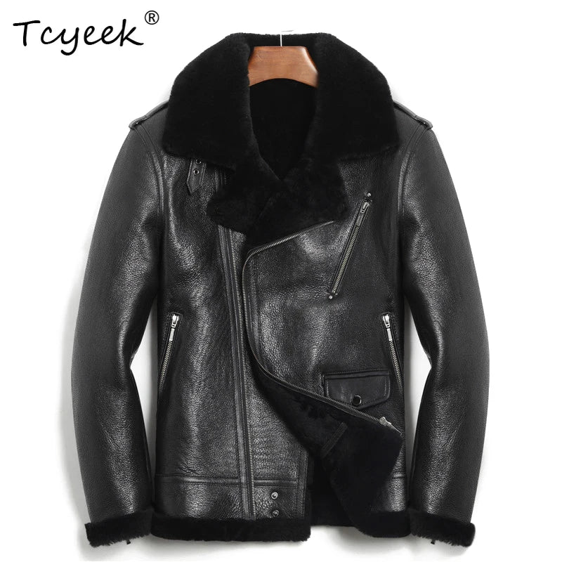 Tcyeek Natural Sheepskin Fur Coat Genuine Leather Jacket Men Winter Clothes Warm Motocycle Jackets Mens Coats Куртка Мужская