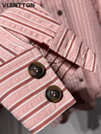 2026 Spring New Women Fashion High-Neck Pink Striped Shirt Casual Button Long Sleeves Loose Versatile Blouse Tops Female