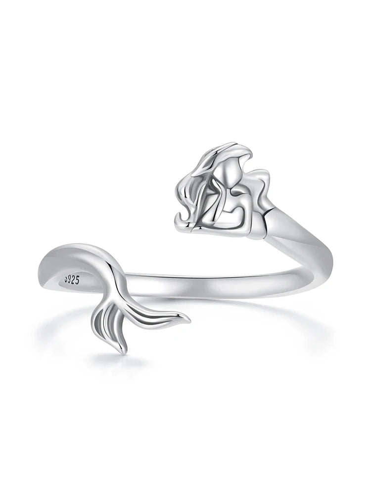WOSTU 925 Sterling silver Mermaid Opening Ring For Women Ocean Jewelry Holiday Gift Mermaid Tail Adjust Rings Anillo Party Gift