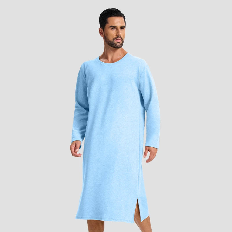 Men's autumn and winter long-sleeved one-piece nightgown, knee-length bathrobe, long one-piece home wear, wool and silk pajamas
