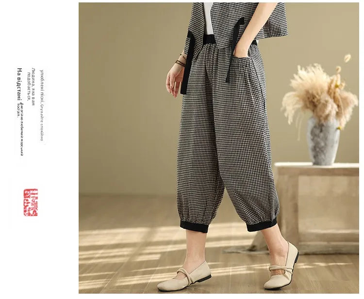 Fashionable Cotton Linen Plaid Set Casual Loose V-neck Tank Top And Lantern Pants Eighteen Loose Two-piece Set for Women