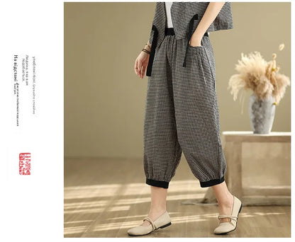 Fashionable Cotton Linen Plaid Set Casual Loose V-neck Tank Top And Lantern Pants Eighteen Loose Two-piece Set for Women