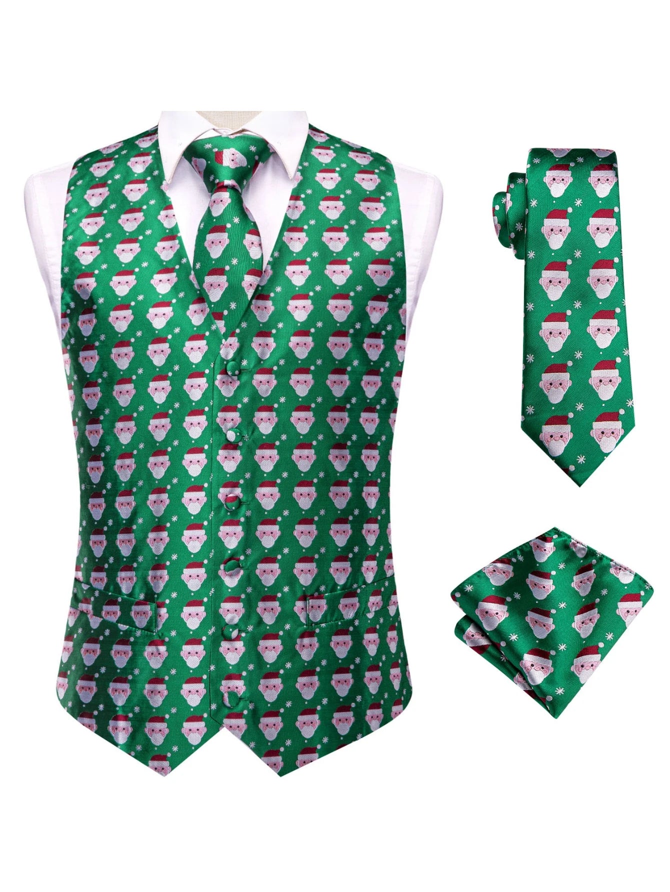 Men's Christmas Print Vest 3-Piece Set: Vest, Tie, Pocket Square, Red Blue Green Yellow for Holiday Parties