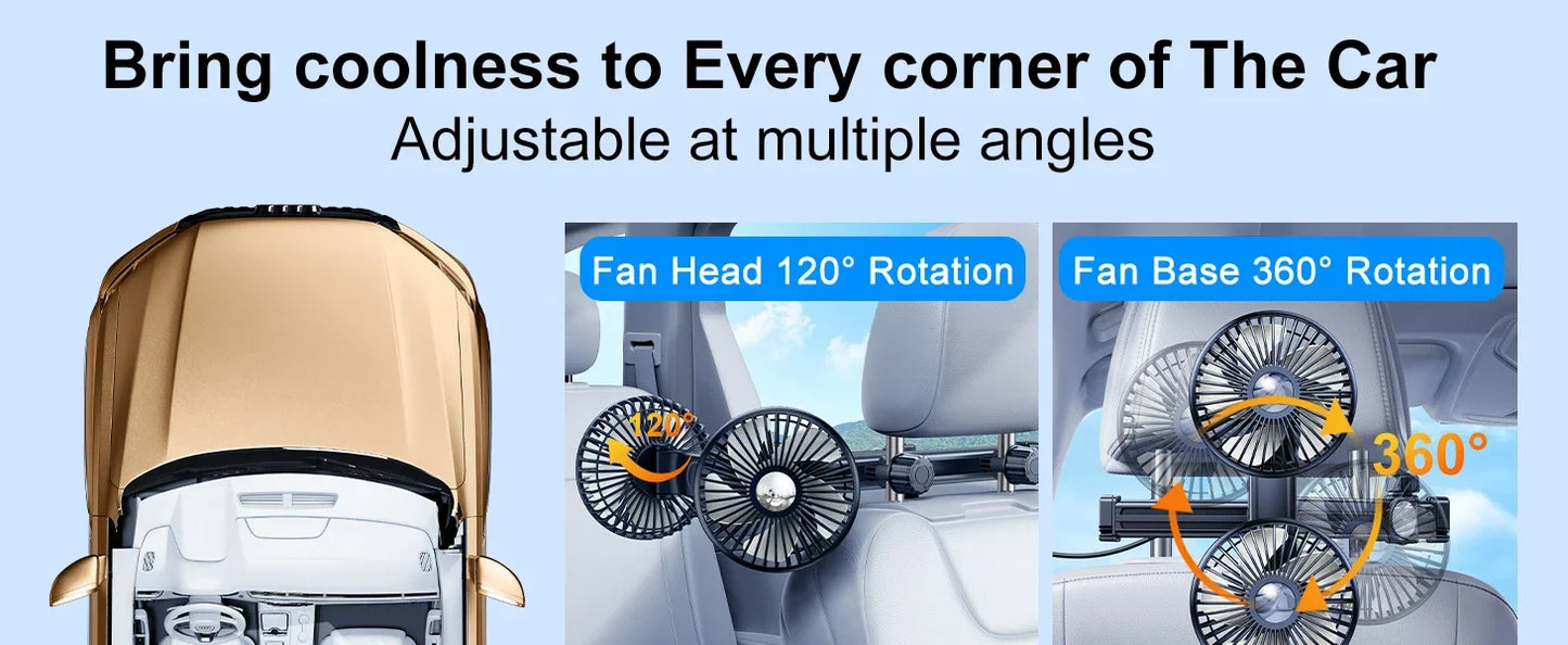 Hipacool Extension Arm Dual-Head Fan for Car Headrest 360° Rotation Air Cooling Fan Angle Adjustable 3-Speed Wind Brushless Fan