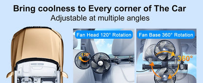 Hipacool Extension Arm Dual-Head Fan for Car Headrest 360° Rotation Air Cooling Fan Angle Adjustable 3-Speed Wind Brushless Fan
