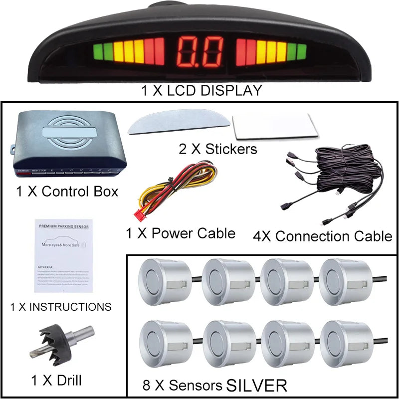 8 Parking Sensors Car Reverse Radar LED Display Buzzer Reverse Assist System Rear Detection Kit