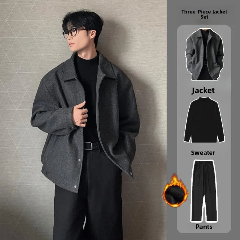 Men's Woolen Jacket Set Casual Autumn Winter Style Youth Long Sleeve Pants Three Piece Suit Elegant Fashionable Men's Wear