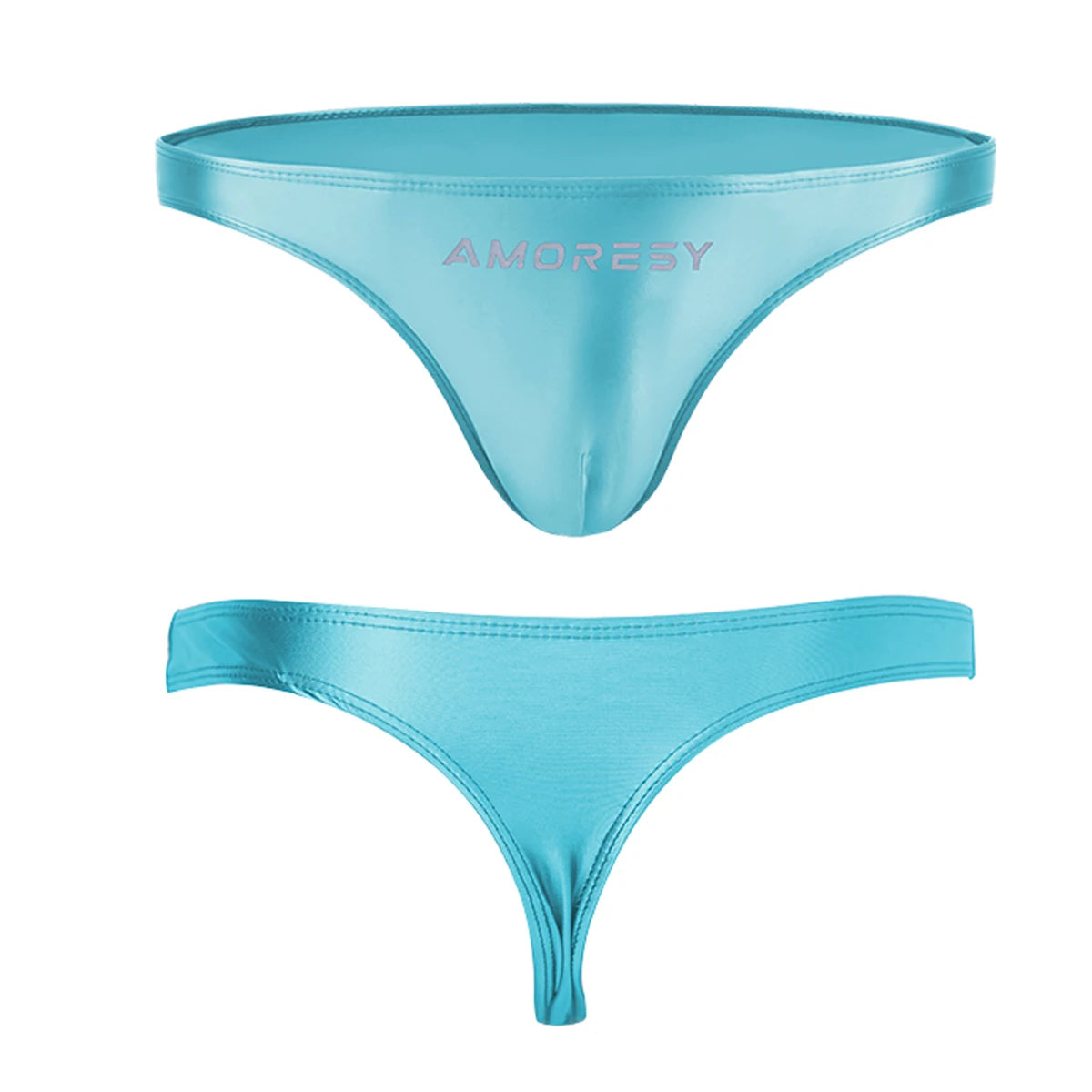 AMORESY Oceanus Men Glossy Stretch Low Rise T-shaped Briefs Gym Fitness Sport Comfort Breathable Thong Underpants Swimming Trunk