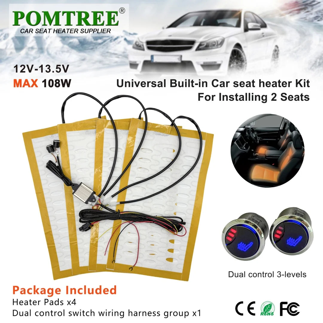 Universal Built-In Car Seat Heater Kit Fit 2 Seats,108W Alloy Wire Heating Pads 3-Level Dual Control Switch with Wiring Harness
