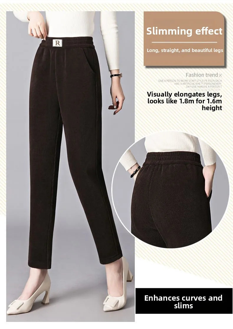 Autumn Winter Thickened Fleece Harlan Pants Women's Loose Casual Straight Leg Pants with Pockets Polyester Fiber Long Trousers