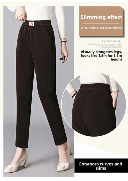 Autumn Winter Thickened Fleece Harlan Pants Women's Loose Casual Straight Leg Pants with Pockets Polyester Fiber Long Trousers