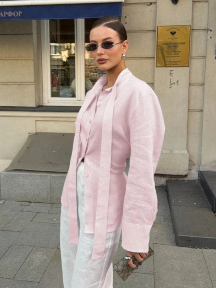 100% Cotton Shirts for Women New Spring Tie Belted Shirt Women's Floating Ribbon Tops  Shirts Commuting Slim Waist Blouse