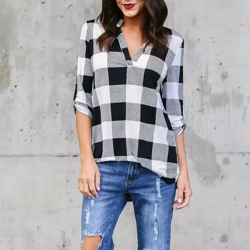 Fashion Plaid V-neck T-Shirt Woman Top Summer T Shirt Women Clothes  Ladies Tops Casual Beach Sun Blusas