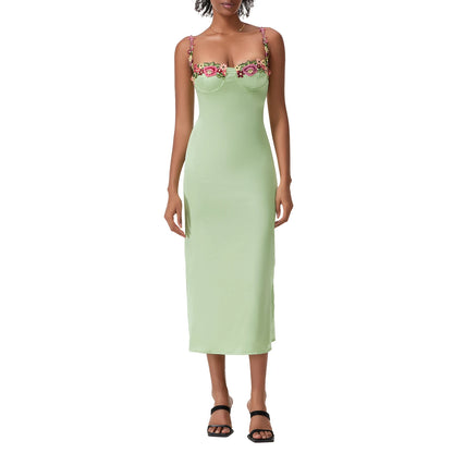 Satin Sling Bodycon Long Dress Women Flower Embroidery Sleeveless Spaghetti Strap Cocktail Dress Summer Party Club Skinny Dress