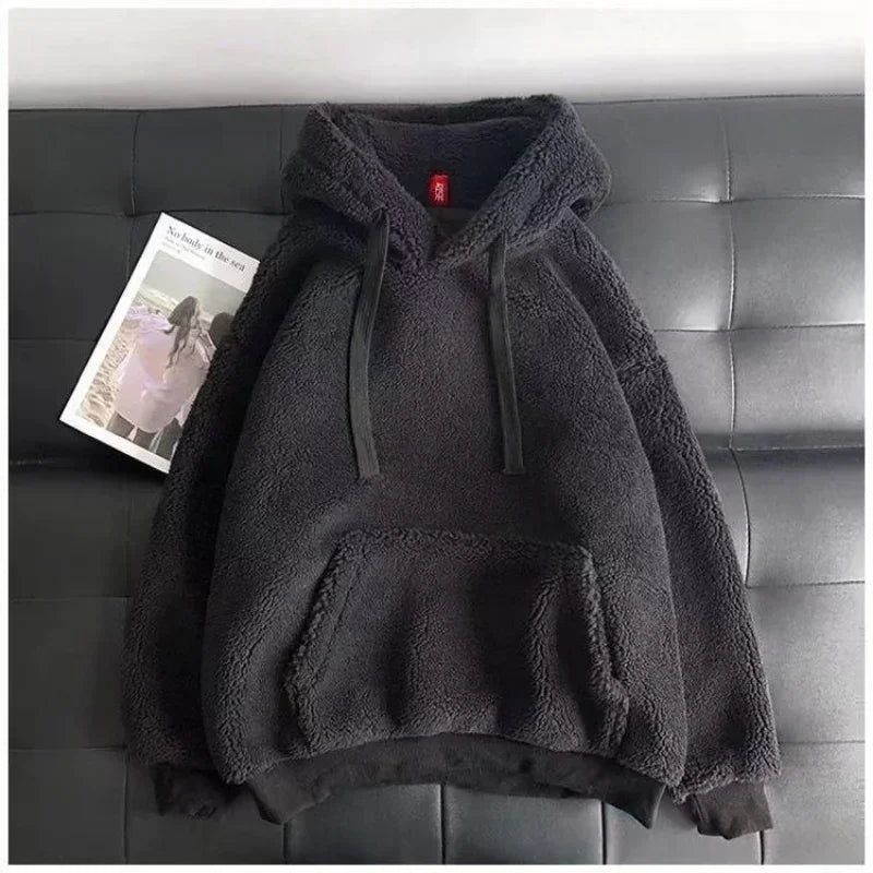 Imitation Lambskin Hoodie Winter Simple Couple Long-Sleeved Hoodie Wear for Both Men and Women Fluffy Thickened Hooded Loose Top