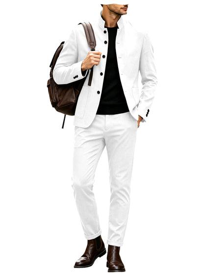 Men's Linen Stand Collar Suit 2-Piece Blazer & Pants Set Slim Fit Business Casual Tuxedo Jacket Trousers Formal Wedding Outfit