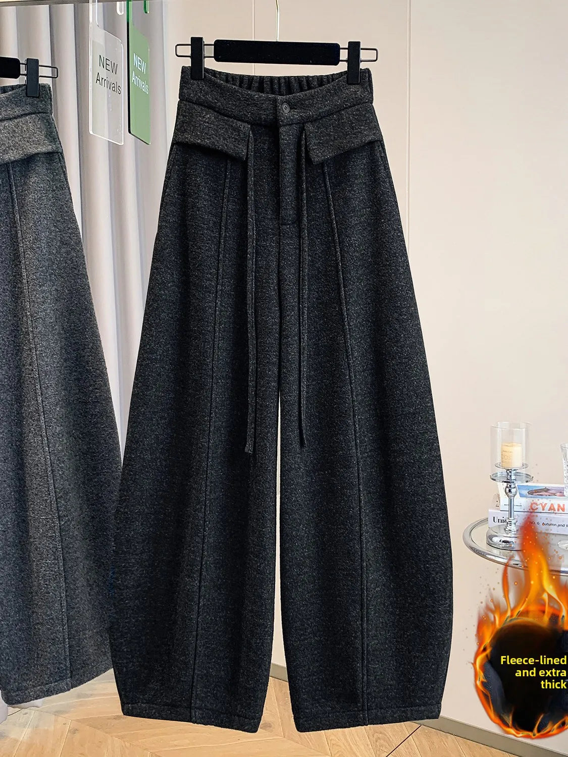 Warm Fleece Lined Trousers with Drawstring Casual Wide Leg Knife  Pants High Waist Polyester Blend Winter Fashion Ladies