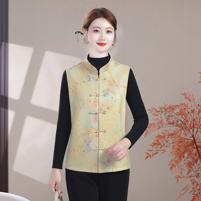 Plus Size Mother's Vest Spring Asian style print Top Elderly Women's Casual Sleeveless Jacket  Waistcoat