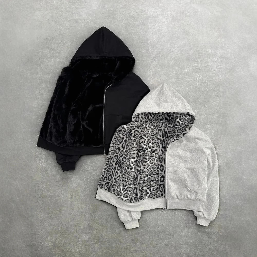 Retro Leopard Hoodie Zipper Casual Loose Sweater Autumn Winter Personality Europe And United States Style