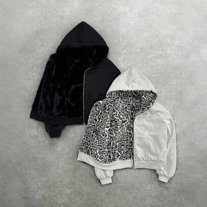 Retro Leopard Hoodie Zipper Casual Loose Sweater Autumn Winter Personality Europe And United States Style