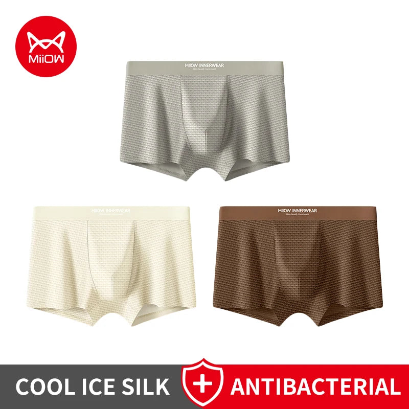 MiiOW 3Pcs Jacquard Ice Silk Men Boxer Briefs 10A Antibacterial Men's Panties Breathable Underwear Softness Man Boxer Underpants