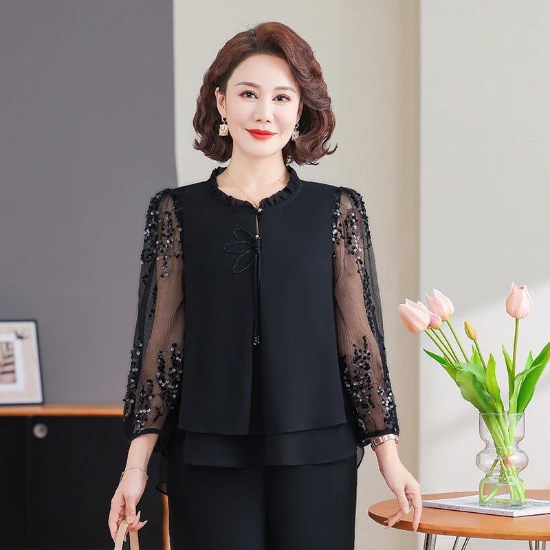 New 2026 Summer Fashionable Thin Two-Piece Set for Older Women Age-Defying Trendy Top And Bottom Ensemble Polyester Fiber