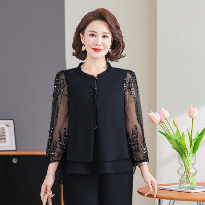 New 2026 Summer Fashionable Thin Two-Piece Set for Older Women Age-Defying Trendy Top And Bottom Ensemble Polyester Fiber