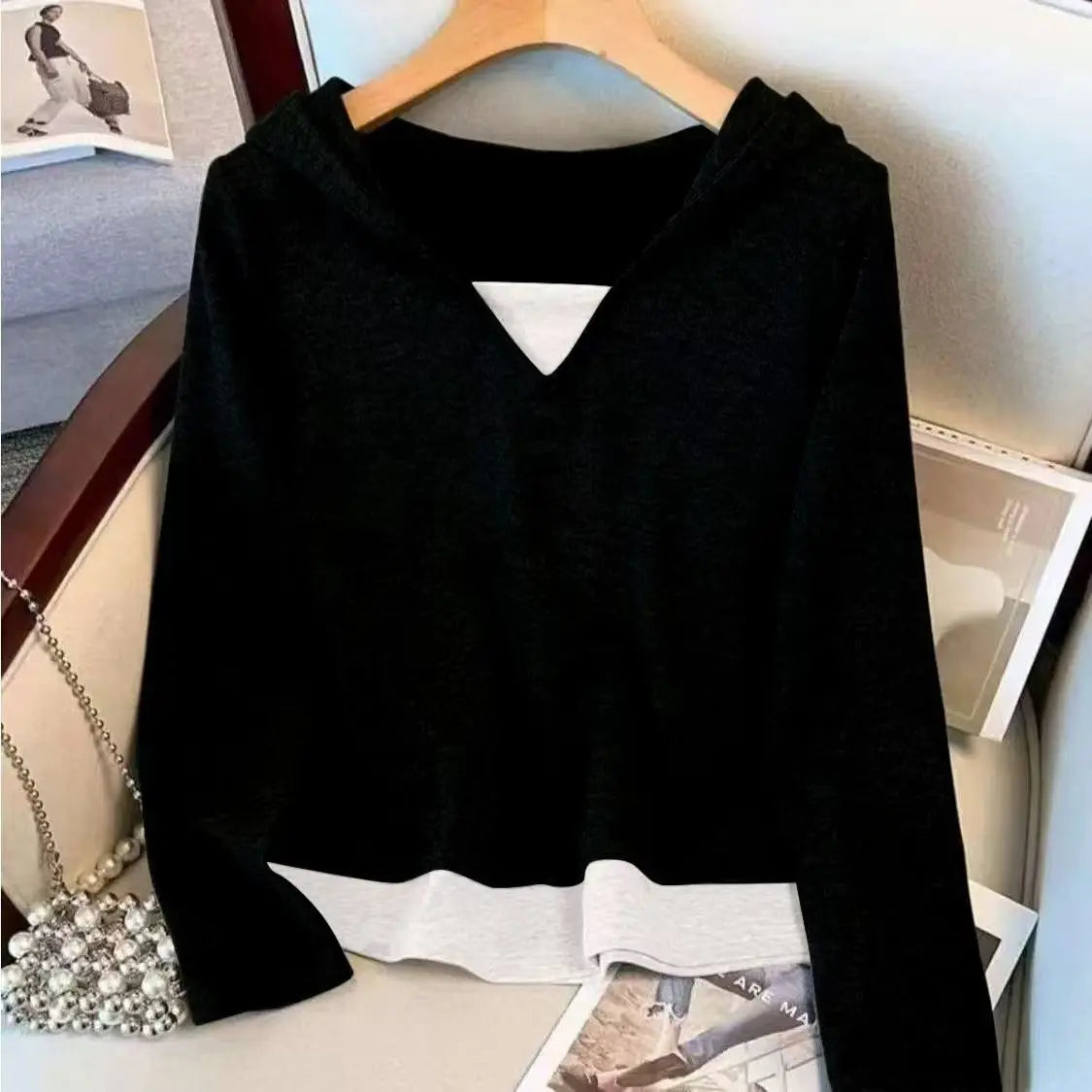 Black Soft Plush 2025 New Style Hooded Patchwork Casual Sporty Spring Autumn Leisure Cotton Pants Set Fashionable Trousers
