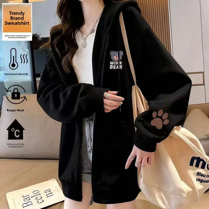 Korean Style Fleece Lined Oversized Hooded Cardigan Women's Autumn Winter Zipper Cartoon Print Top Coat Trendy Streetwear