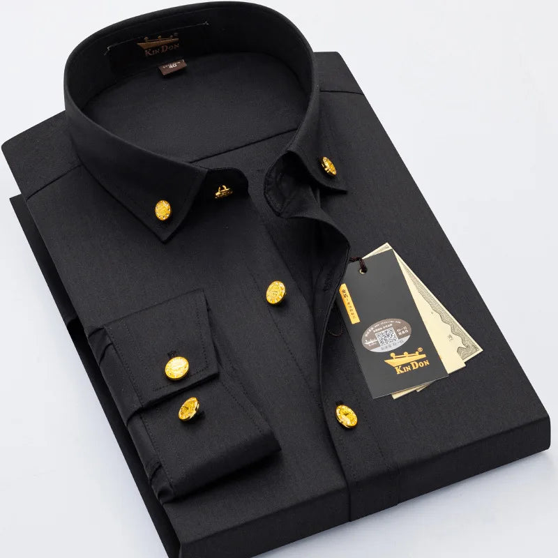 2026 Spring/Autumn New Men's Luxury Brass Button Long Sleeve Business Casual Shirt Ironing Resistant Office Work Shirts as Gift