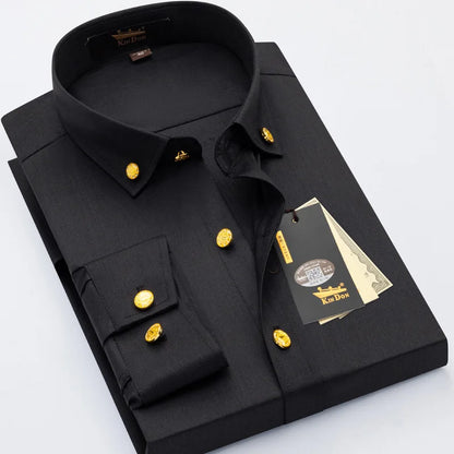 2026 Spring/Autumn New Men's Luxury Brass Button Long Sleeve Business Casual Shirt Ironing Resistant Office Work Shirts as Gift