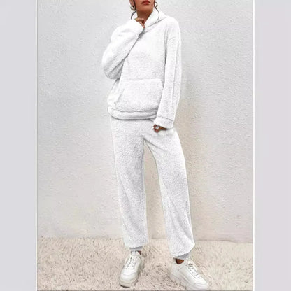 Autumn Winter Fashion Women Casual Hooded Sweatshirt Leg Pants 2 Piece Set Warm Furry Plush Trousers Suit Female Outfit