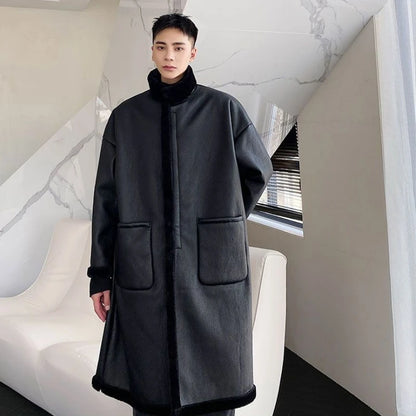 New Faux Fur-Lined Trendy Warm Winter Men's Coat Faux Fur Jacket  Fleece Lining Thickened Long Trench Coat Faux Leather Jacket