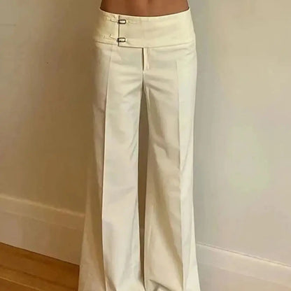 Women Solid Color Commuter Y2K Straight Leg Slightly Flared Pants Low Waist Minimalist Casual Cargo Pants Asymmetrical Waistband