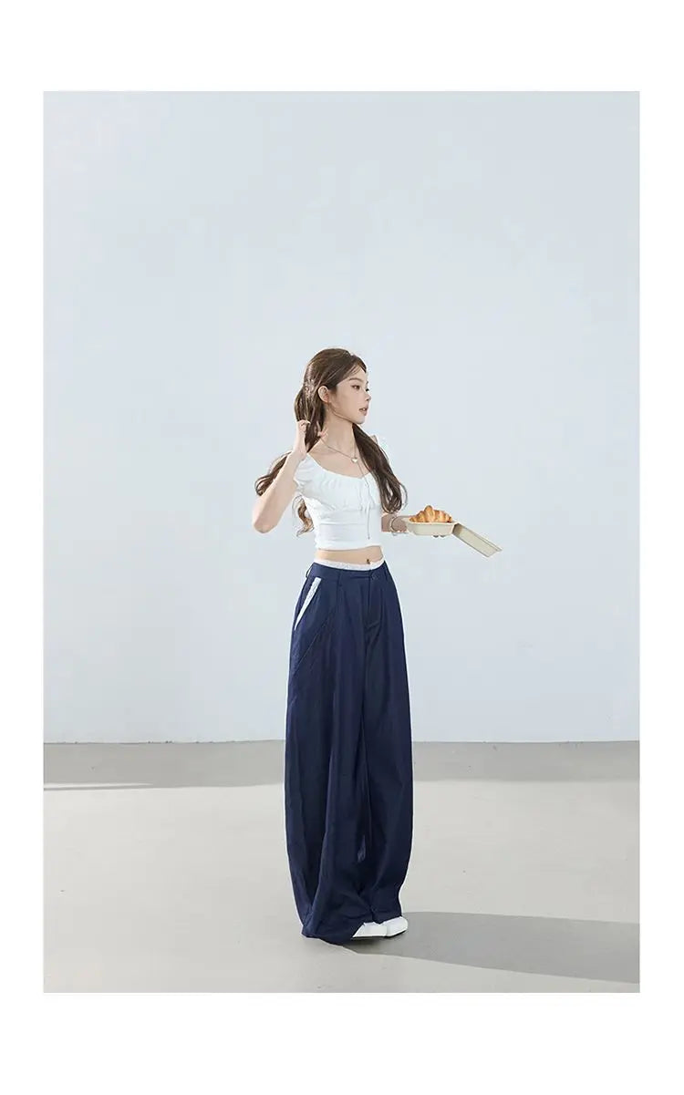 American-style retro loose wide-leg pants, lightweight curved pants, cool lace splicing, versatile casual pants for women