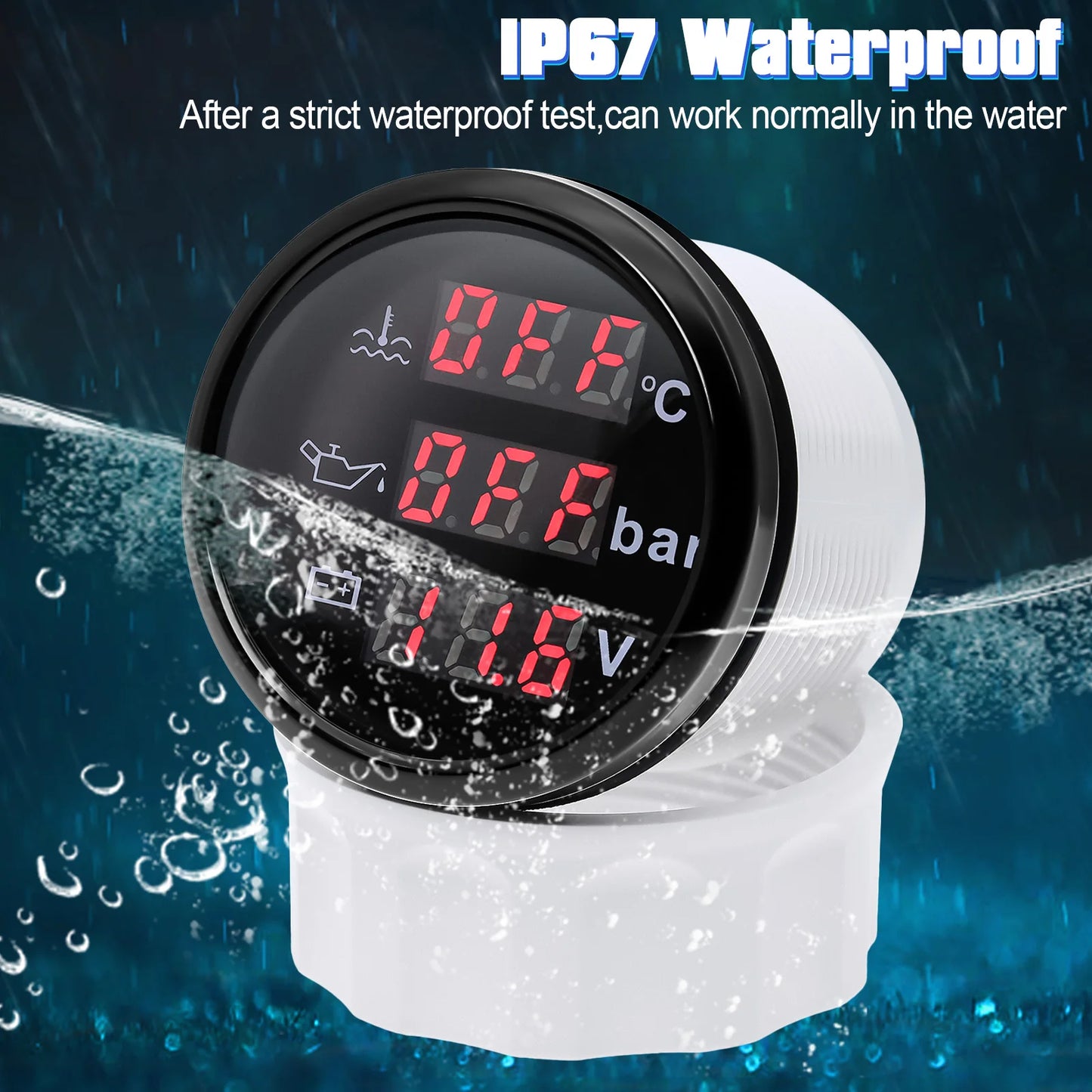 3 In 1 Digital 52mm Gauge with Alarm 0~120℃ Water Temperature Gauge+Oil Pressure+Voltage with Oil Press/Water Temp Sensor Custom