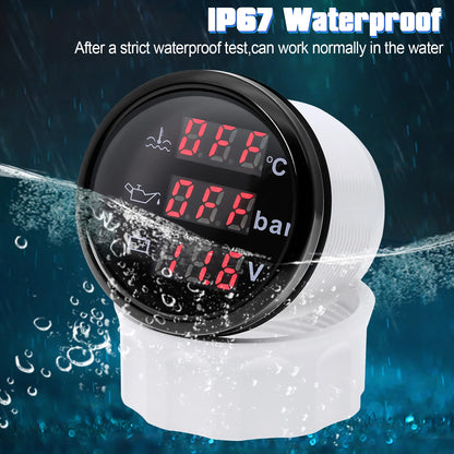 3 In 1 Digital 52mm Gauge with Alarm 0~120℃ Water Temperature Gauge+Oil Pressure+Voltage with Oil Press/Water Temp Sensor Custom