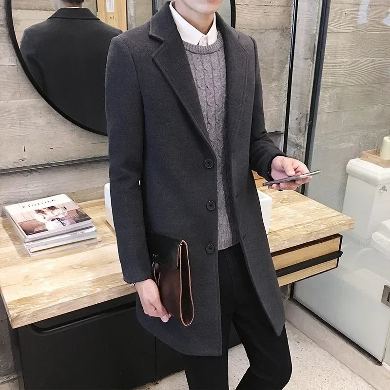 Mens Long Cotton Coat spring autumn New Wool Blend Pure Color Slim Casual Business Fashion Mens Clothing Slim Windbreaker Jacket