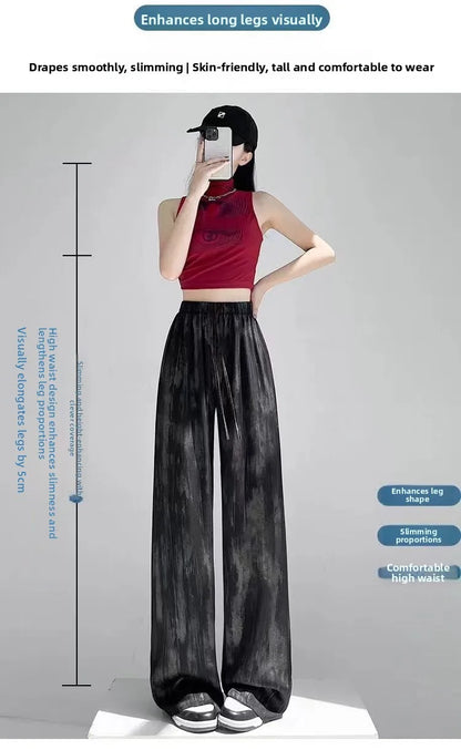 Summer Thin Ice Silk Satin Dyed Wide Leg Pants Women Loose Casual Drape High Waist Slimming Pants Ins Straight Leg Elastic Wa...