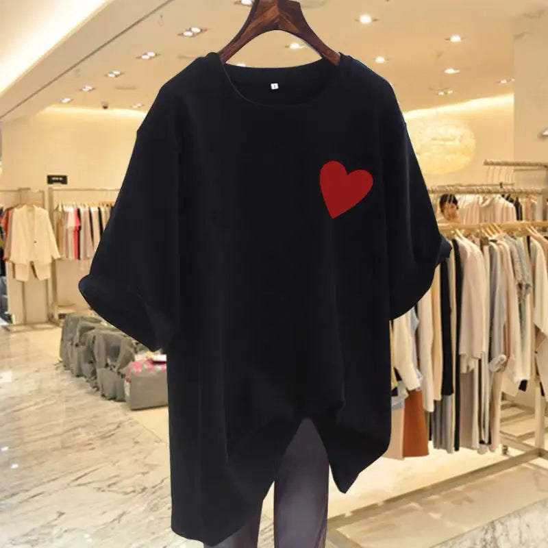 Women Fashion Pure Cotton Love Printing T-shirts Summer Casual Versatile O-neck Short Sleeve Top Tee Office Lady Basic Pullovers