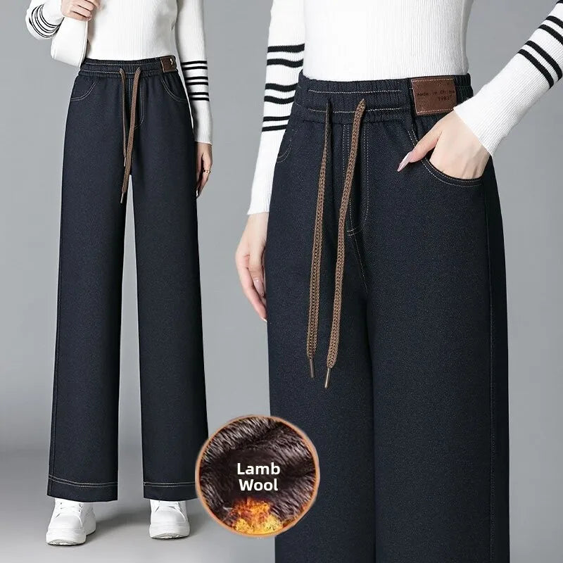 High Waist Fleece Lined Thick Wide Leg Jeans Women's Casual Straight Leg Pants Autumn Winter Loose Fit Comfortable Trousers